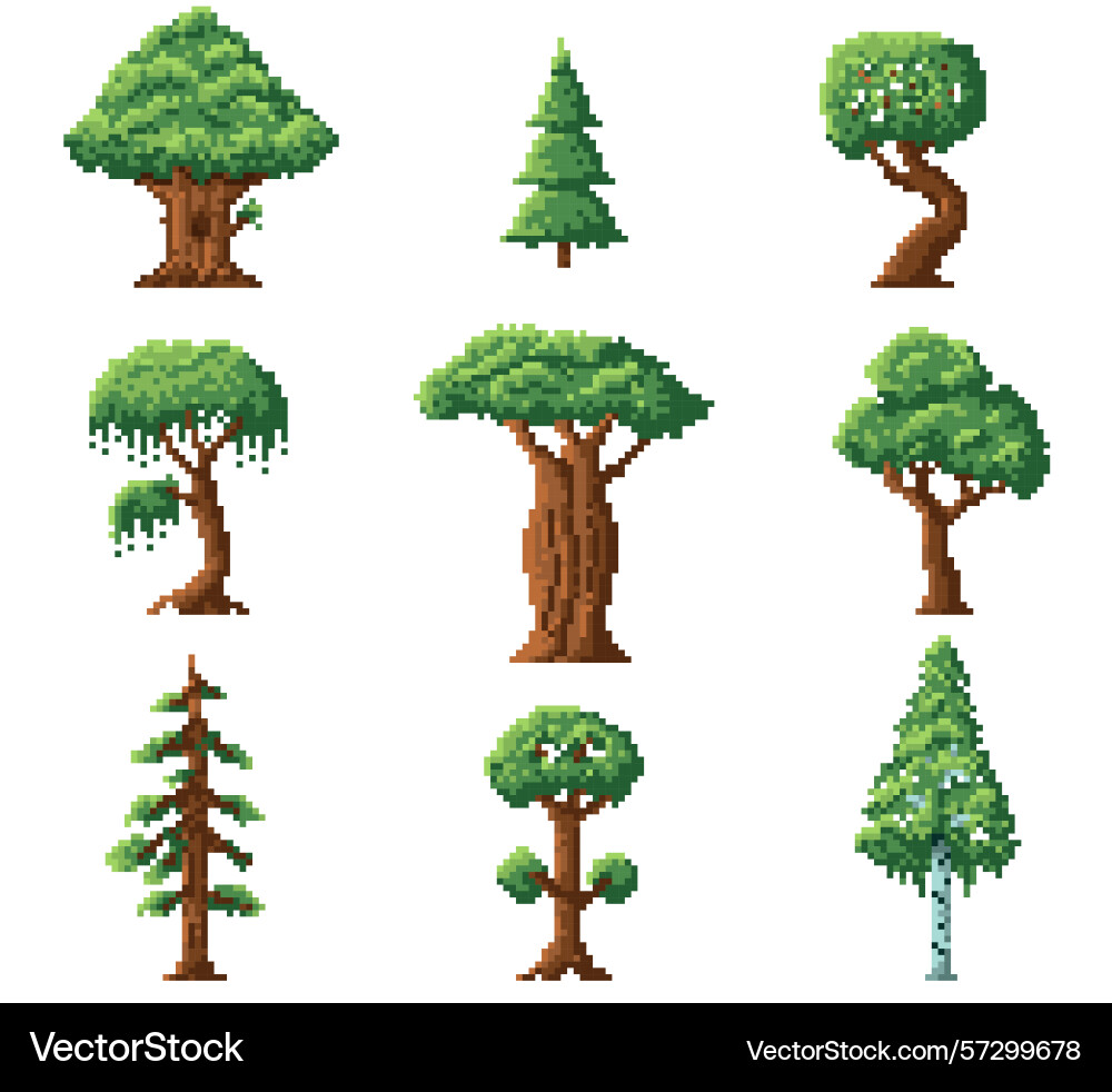 Pixel trees game design elements forest location Pixel trees game design elements forest location vector image