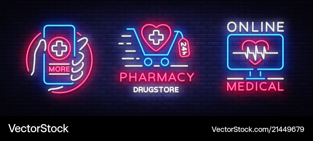 Medical neon sign collection pharmacy Medical neon sign collection pharmacy vector image