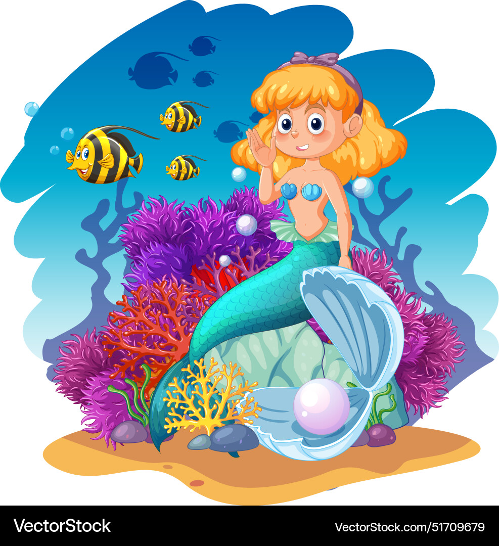 Mermaid sitting among vibrant coral and fish Mermaid sitting among vibrant coral and fish vector image