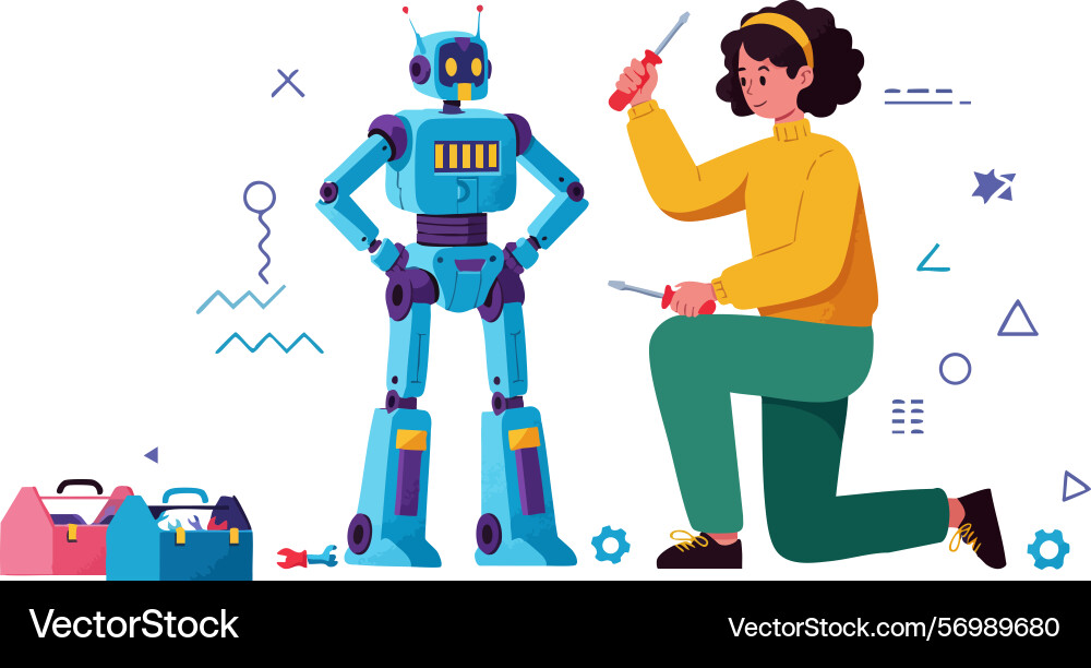 Child assembling blue robot toy with tools Vector Image