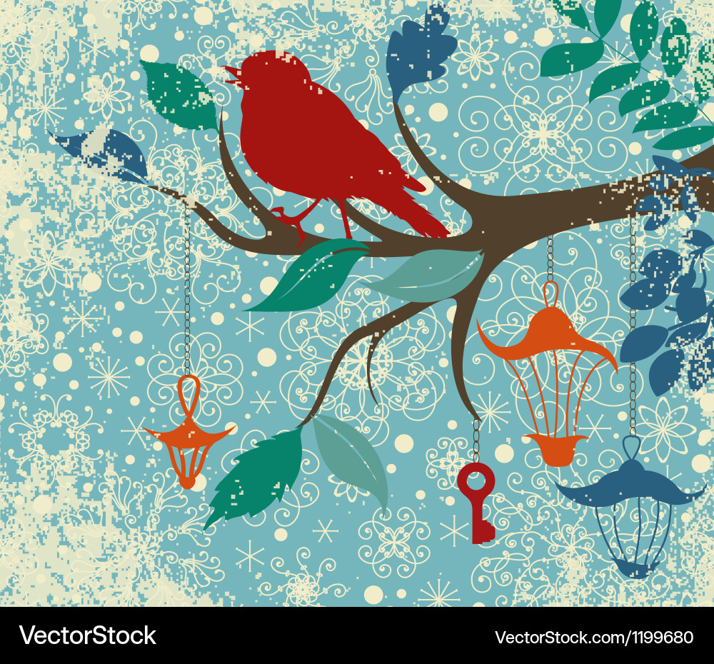 Christmas background of tree branch with bird Vector Image