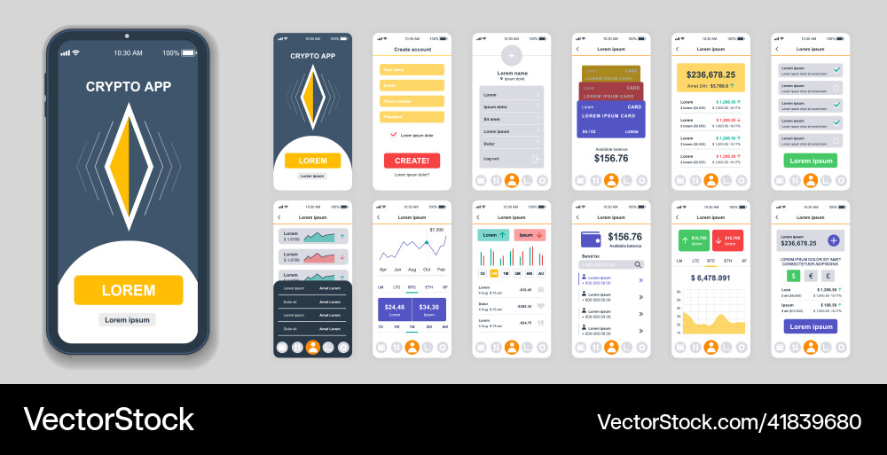 Set of ui ux gui screens cryptocurrency app flat Set of ui ux gui screens cryptocurrency app flat vector image
