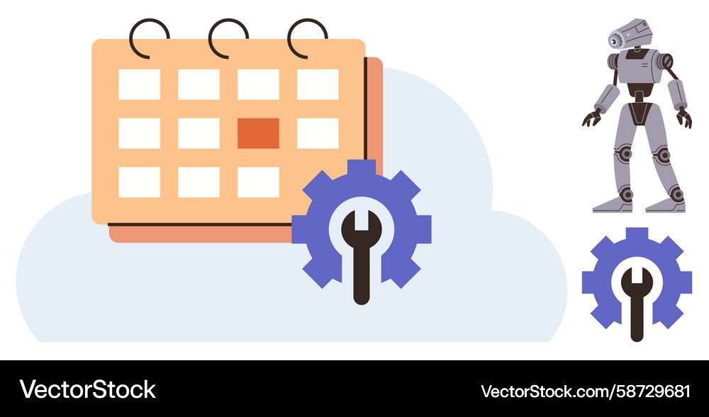 Calendar with gears and robot highlighting Vector Image
