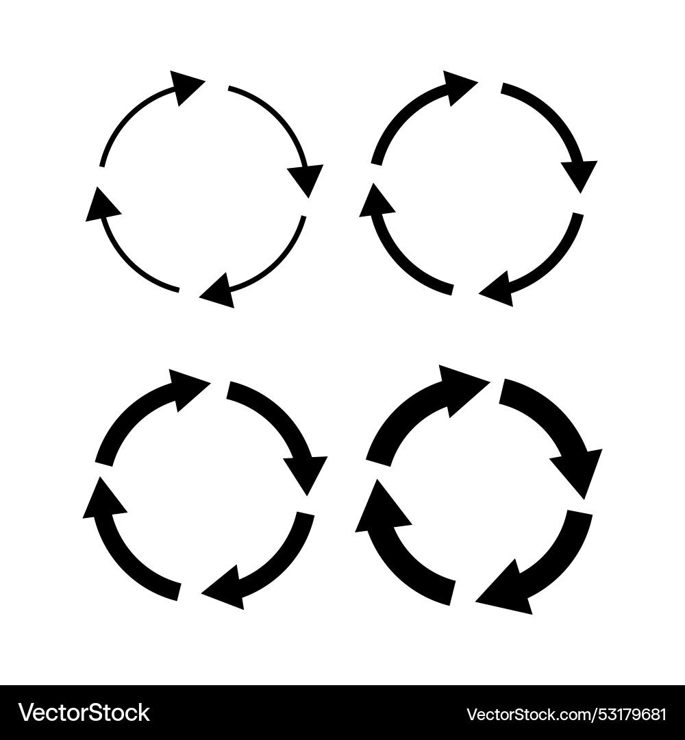 Four circular arrows black arrow icons rotation Four circular arrows black arrow icons rotation vector image