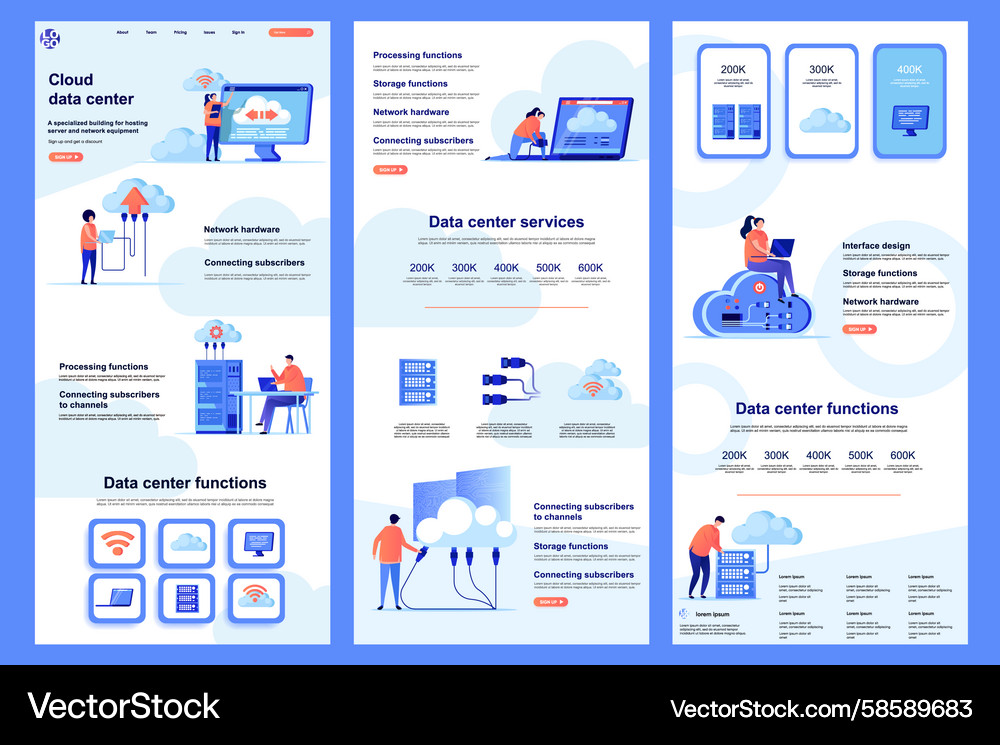 Cloud data center flat landing page database Cloud data center flat landing page database Vector Image