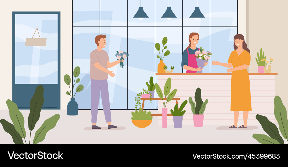 Flower store florist making bouquet for female vector image