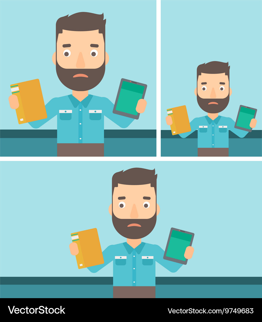 Man choosing between book and tablet computer Vector Image