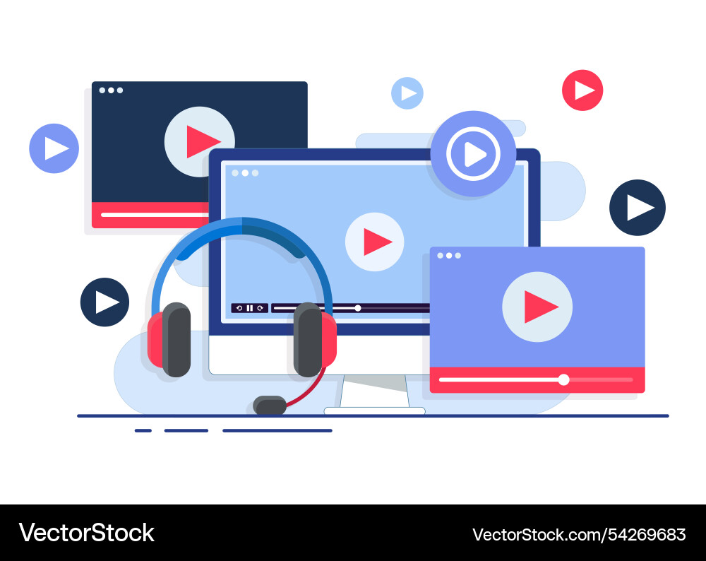 Video player on desktop computer screen Video player on desktop computer screen vector image