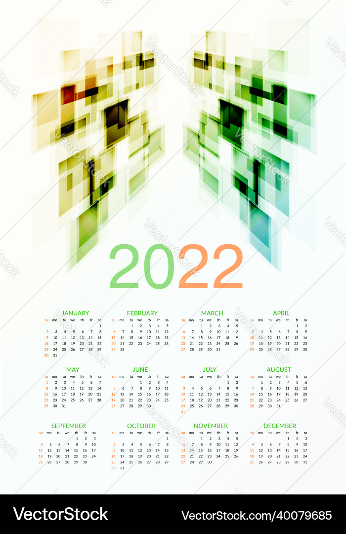 Colorful calendar for 2022 starts sunday