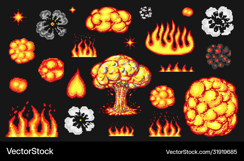 Nuclear explosion pixel art 8 bit fire objects – Royalty-Free