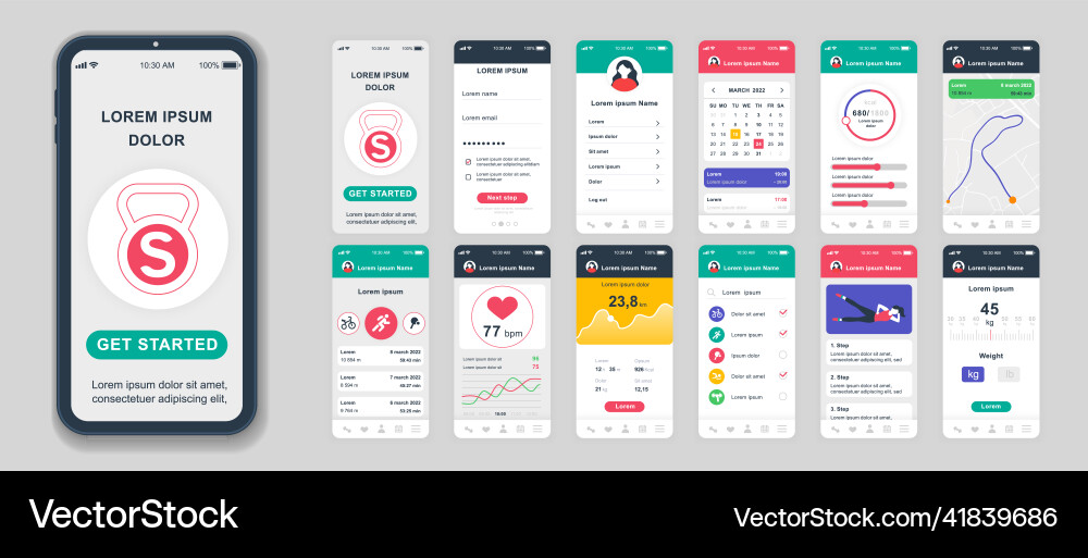 Set of ui ux gui screens fitness app flat design Set of ui ux gui screens fitness app flat design vector image