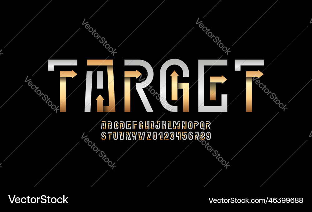 Gold silver font arrows alphabet from metal line vector image