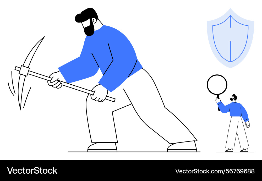 Miner working with pickaxe while another person Vector Image