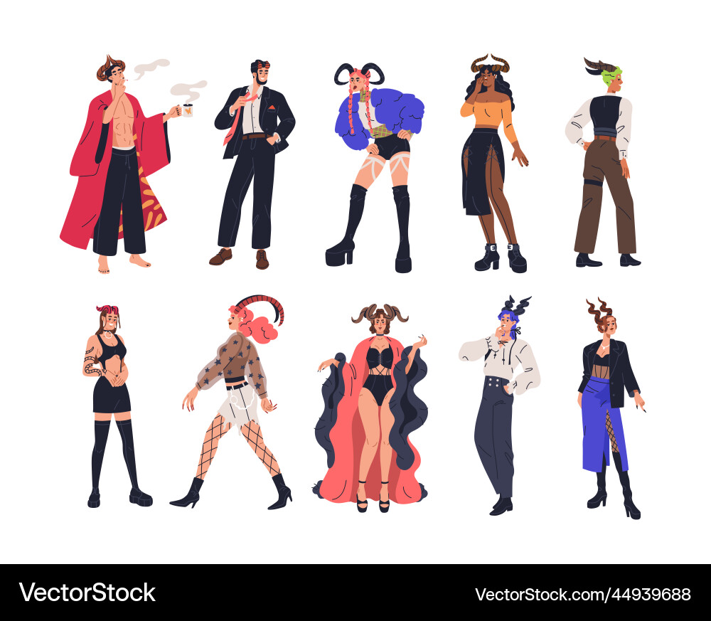 People in devil costumes set sexy men women vector image