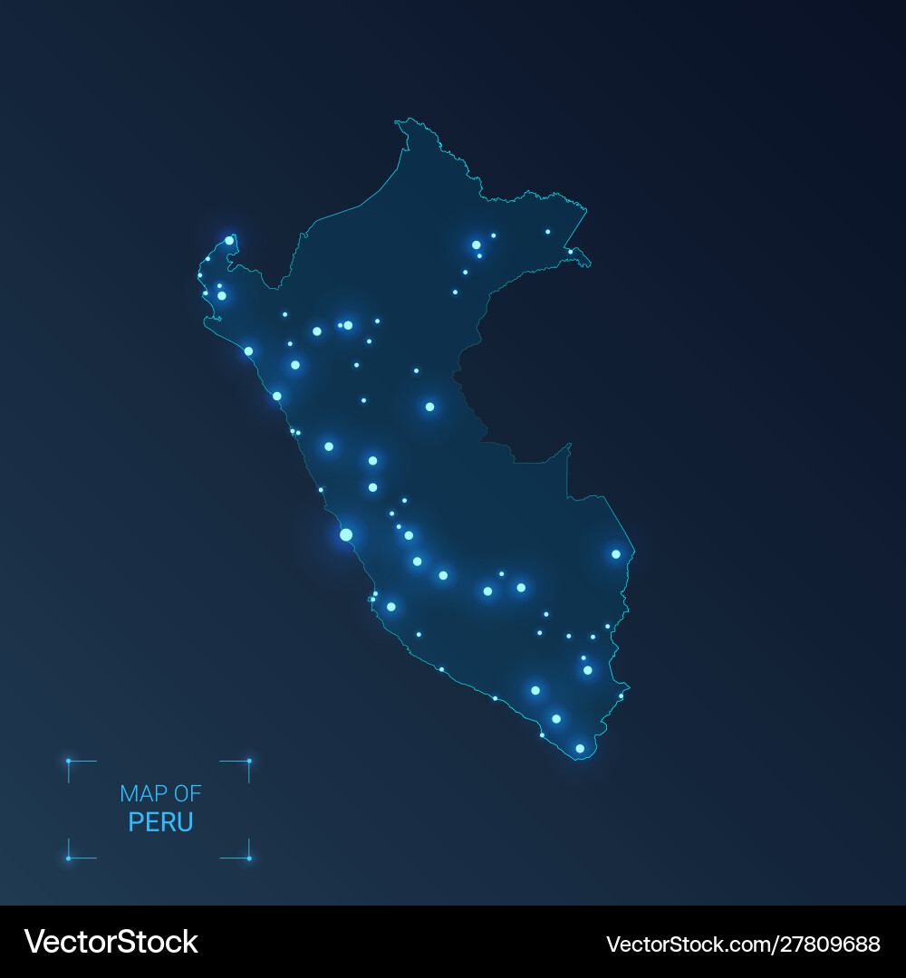 Peru map with cities luminous dots - neon lights Vector Image