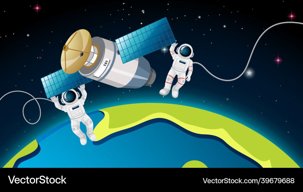 Zwei Astronauten und Satelliten in der Raumszene Zwei Astronauten und Satelliten in der Raumszene vektorbild