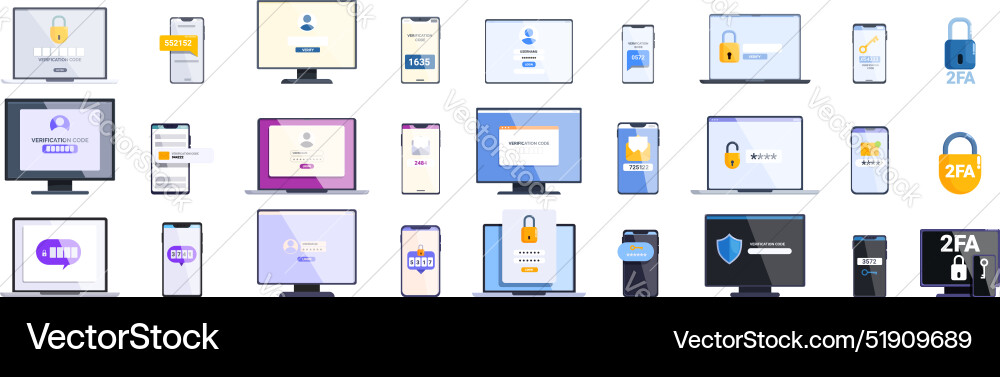 2fa icons set people using different devices 2fa icons set people using different devices vector image