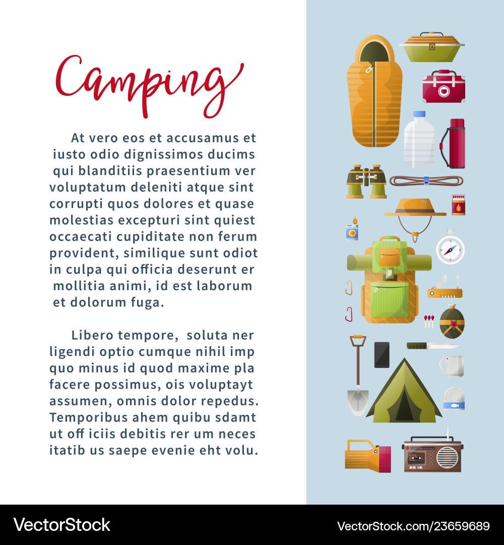 Summer camp poster with equipment and sample text Summer camp poster with equipment and sample text Vector Image