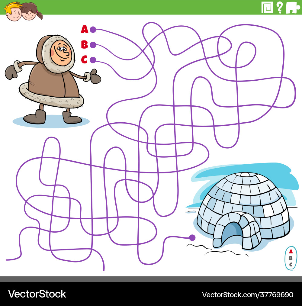 Maze game with cartoon eskimo character and igloo Maze game with cartoon eskimo character and igloo vector image