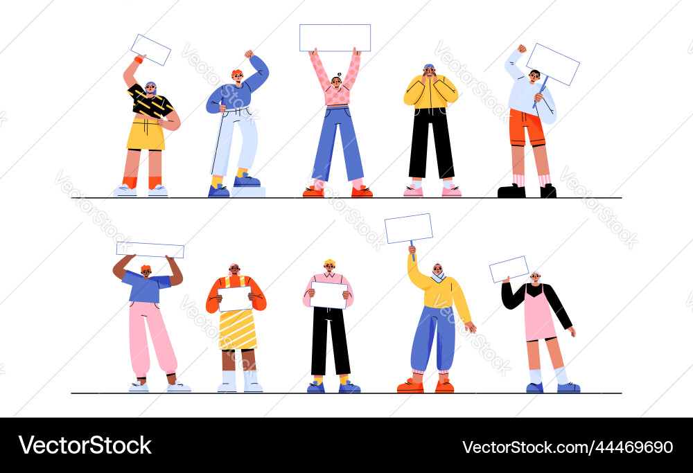 Protest people with placards and banners on rally vector image