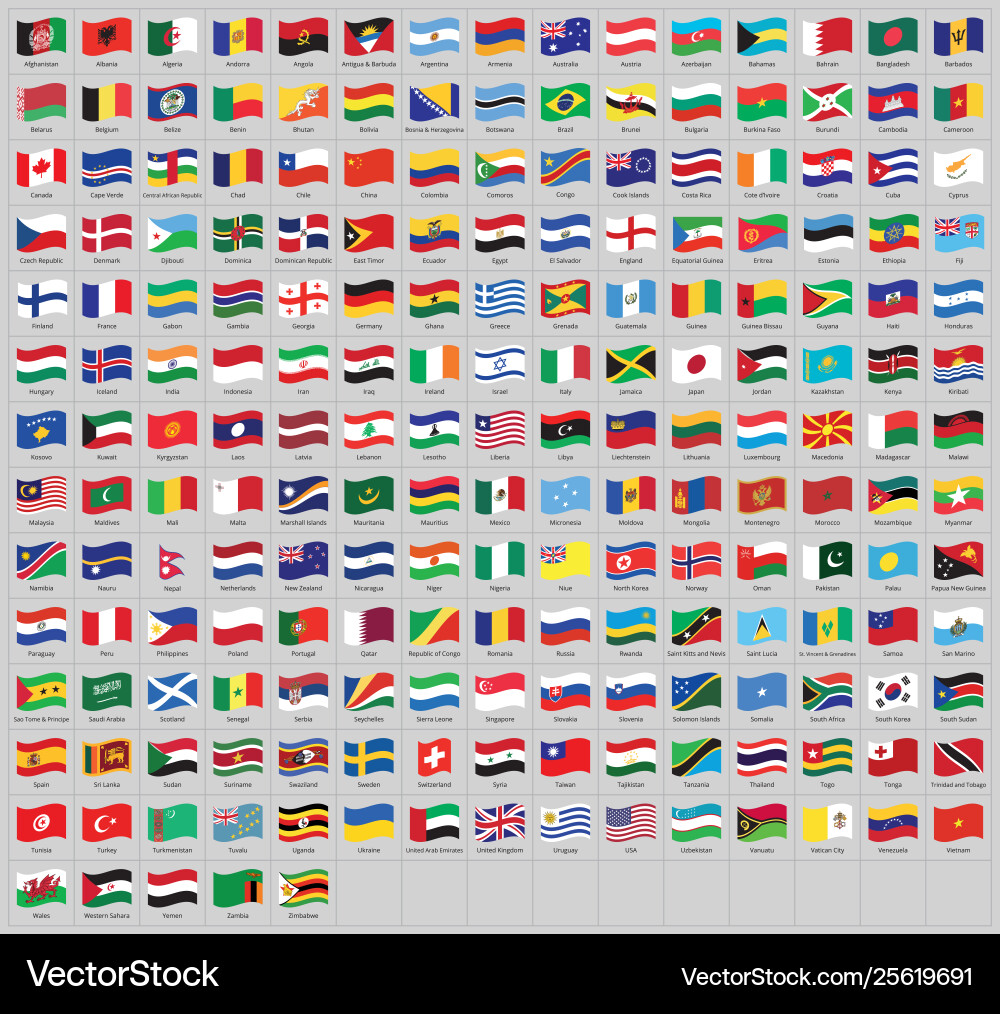 all-national-world-waving-flags-with-names-vector-image
