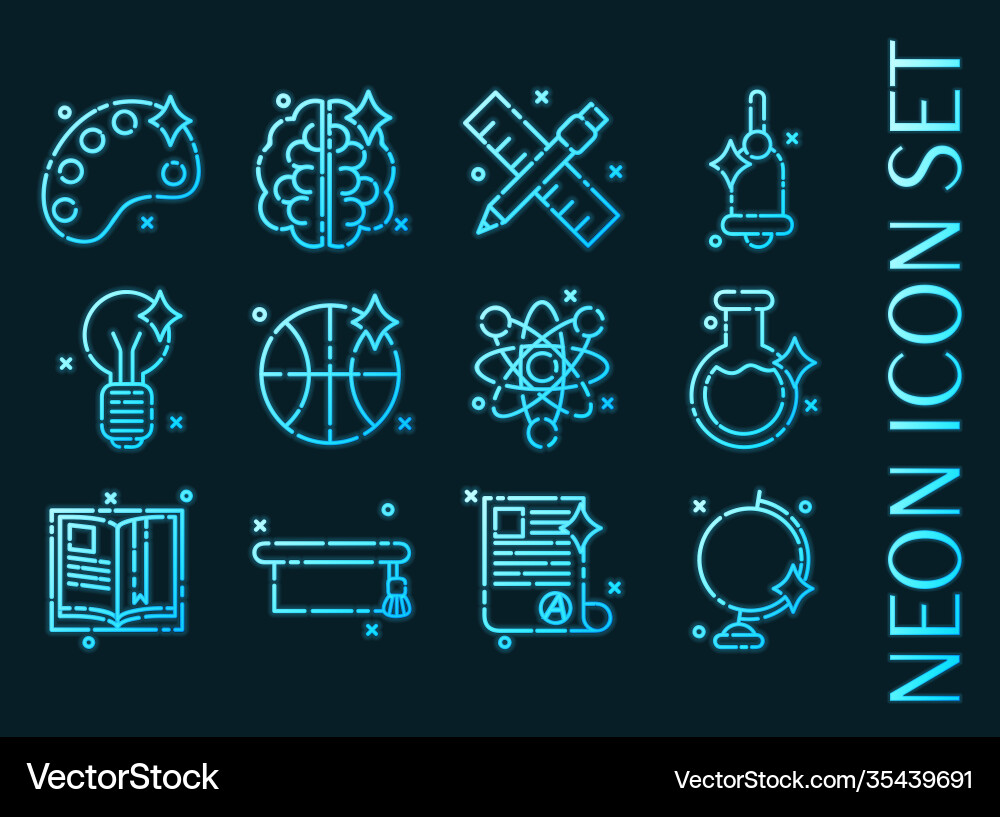 Set education blue glowing neon icons vector image