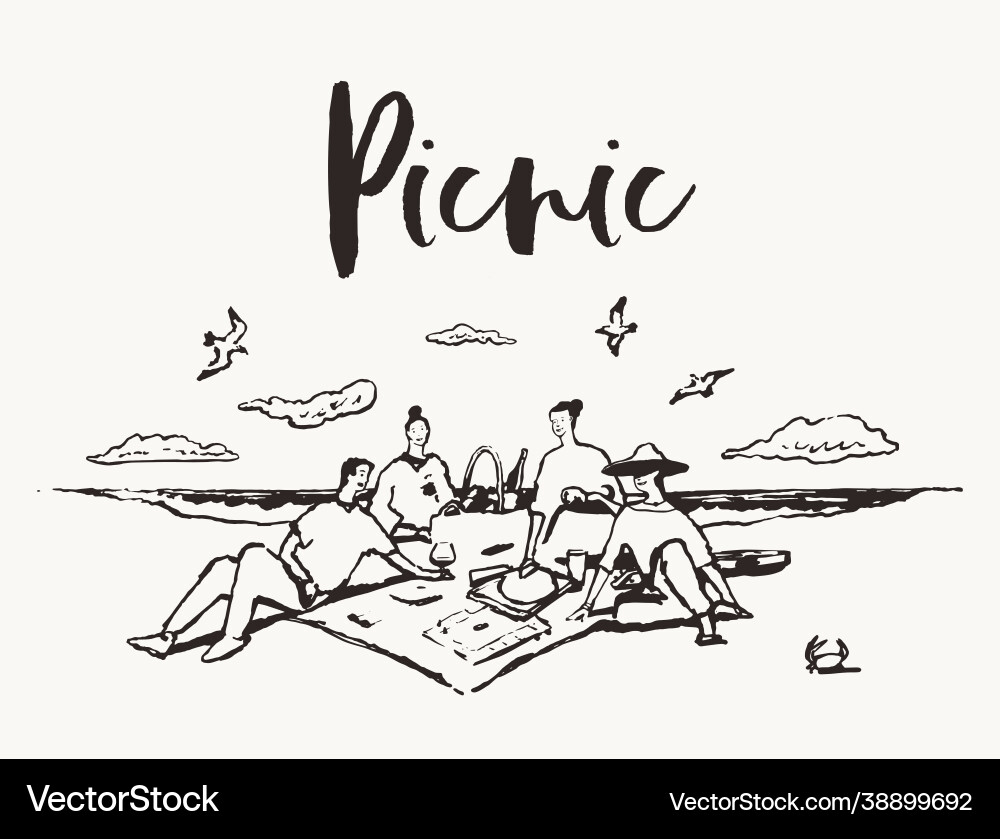 Glückliche Freunde sitzen Strand Teppich Picknick Meer Glückliche Freunde sitzen Strand Teppich Picknick Meer Vektorbild