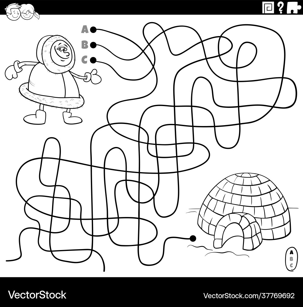 Maze with eskimo character and igloo coloring vector image