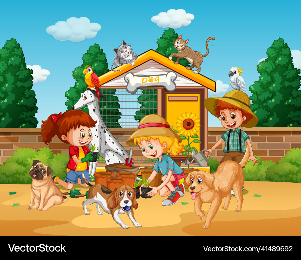 Park scene with children playing their pets Park scene with children playing their pets vector image