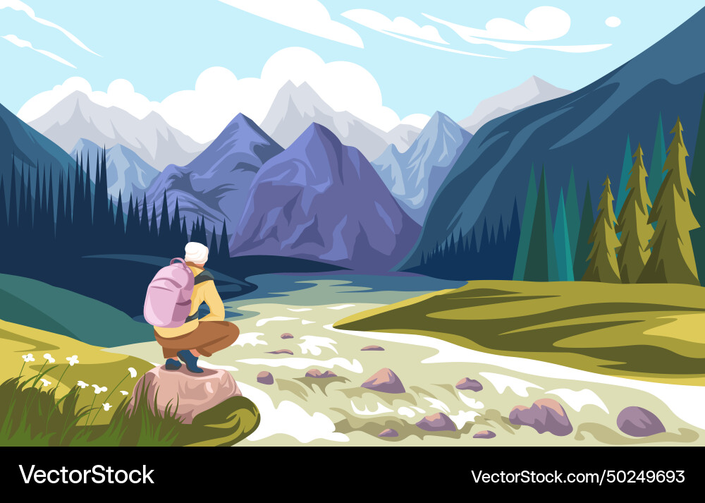 Männer sitzen in der Nähe von Fluss Berglandschaft Männer sitzen in der Nähe von Fluss Berglandschaft vektorbild