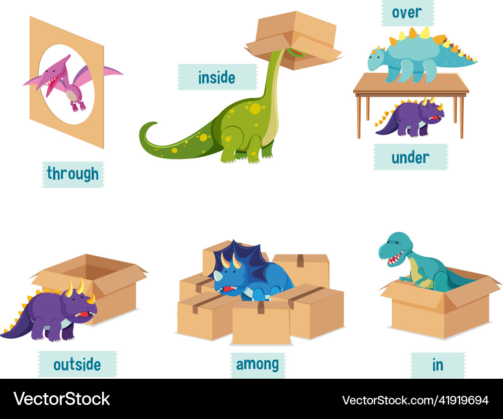 Preposition set with dinosaurs and boxes Preposition set with dinosaurs and boxes Vector Image