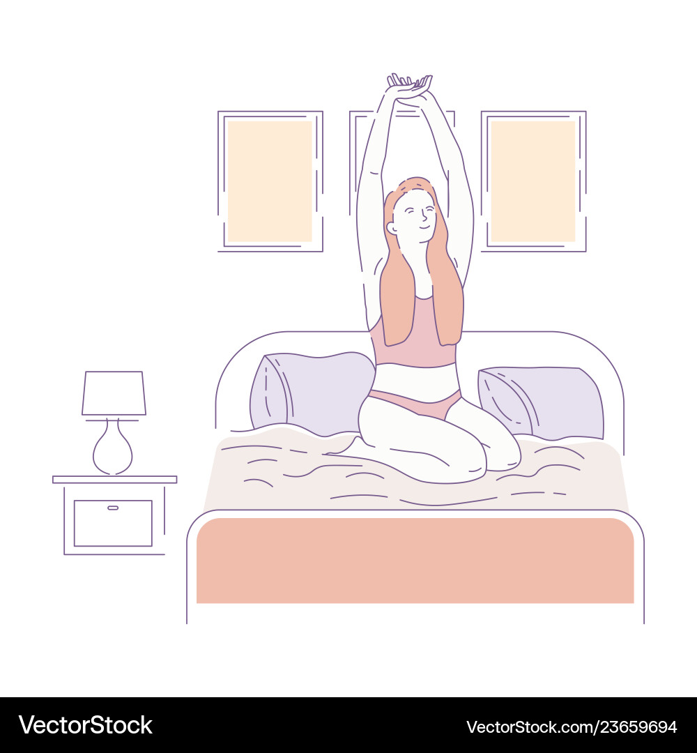 Woman stretching on bed morning waking up routine Woman stretching on bed morning waking up routine vector image