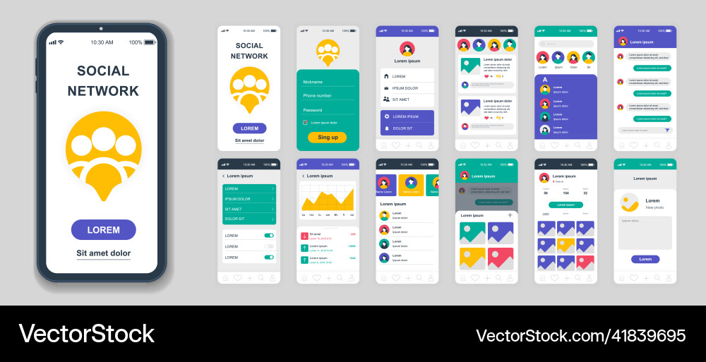 Set of ui ux gui screens social network app flat Set of ui ux gui screens social network app flat vector image