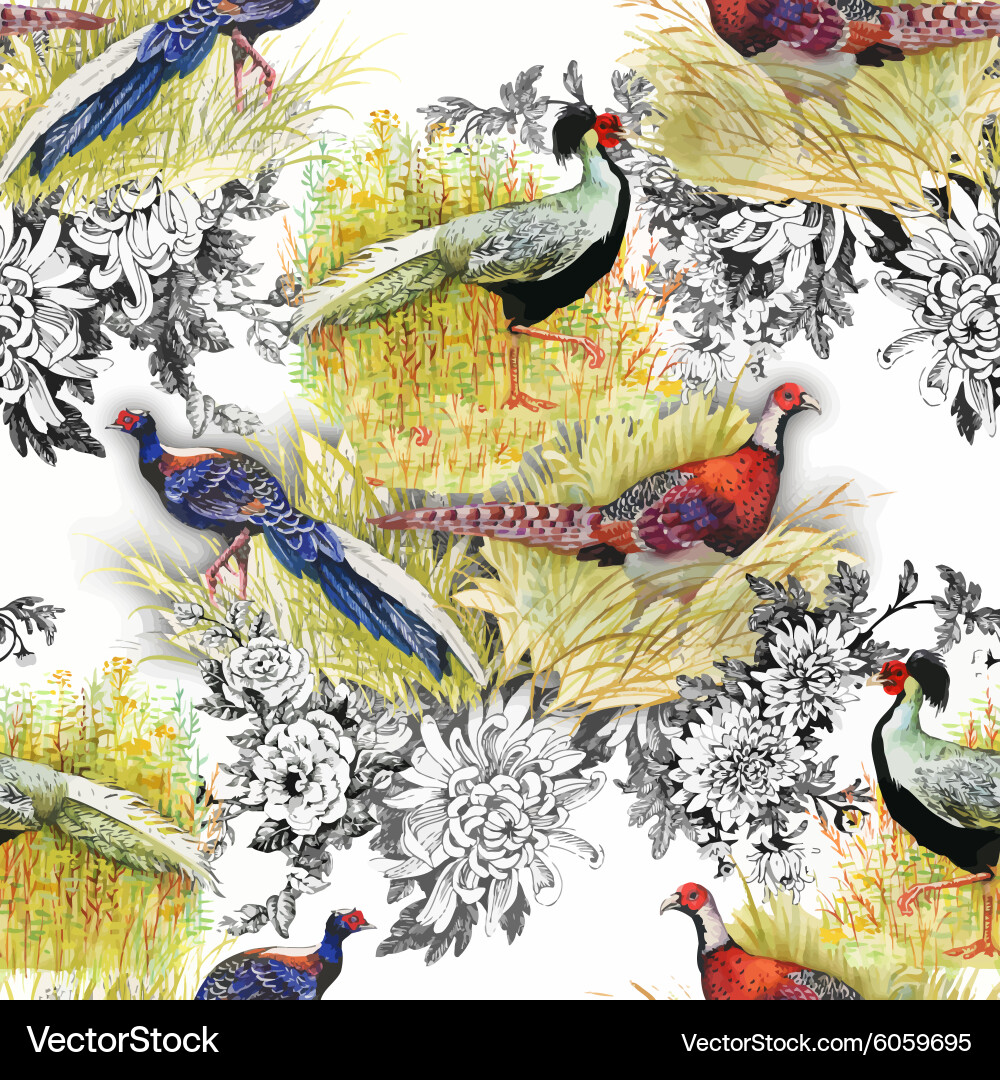 Watercolor Pheasant Floral Pattern Vector Image