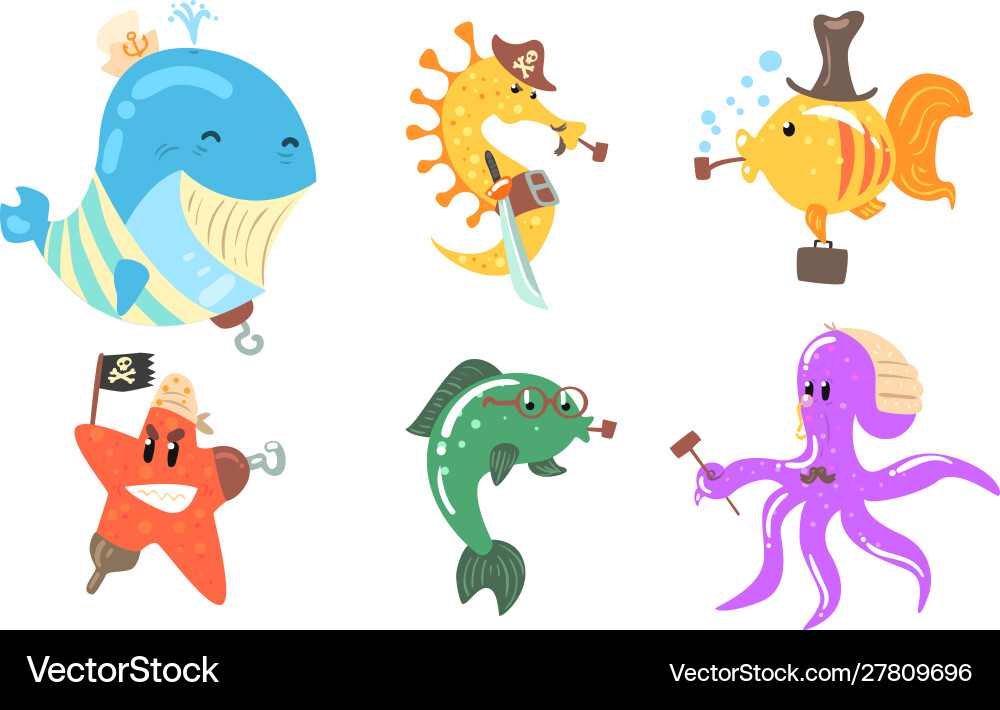 Set cartoon sea animals pirates Set cartoon sea animals pirates vector image