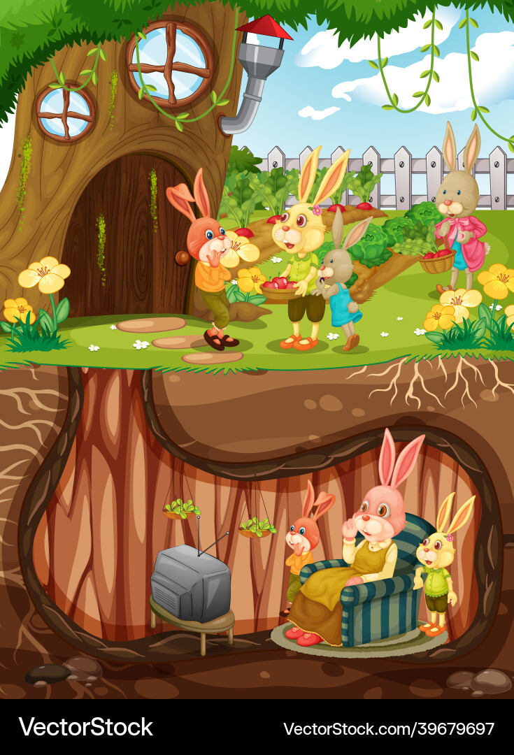 Rabbit family living in hollow underground Rabbit family living in hollow underground vector image