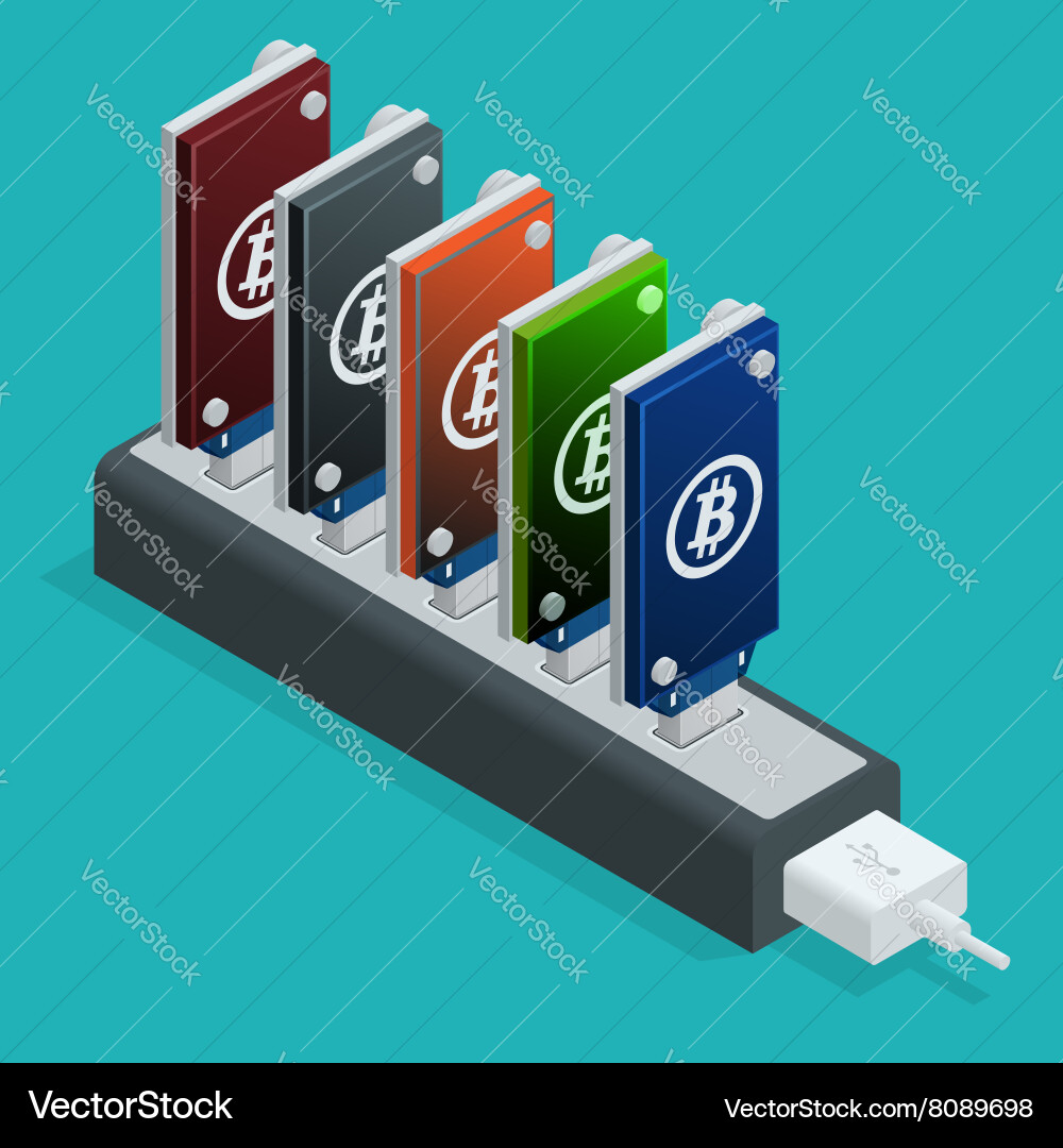 Bitcoin mining usb devices in a row flat 3d vector image