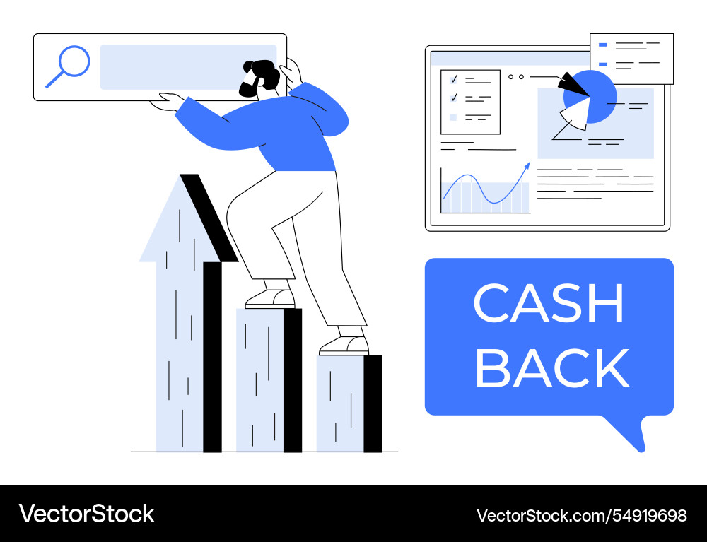 Man on graph bar reaching for search Man on graph bar reaching for search vector image