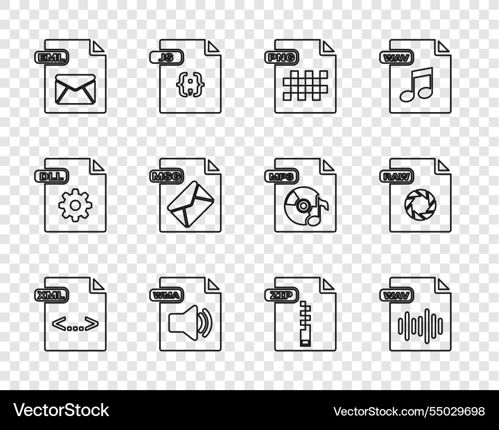 Set line xml file document wav png wma eml msg Set line xml file document wav png wma eml msg vector image