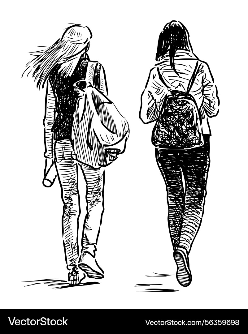 Sketch of two young city girls with backpacks Vector Image
