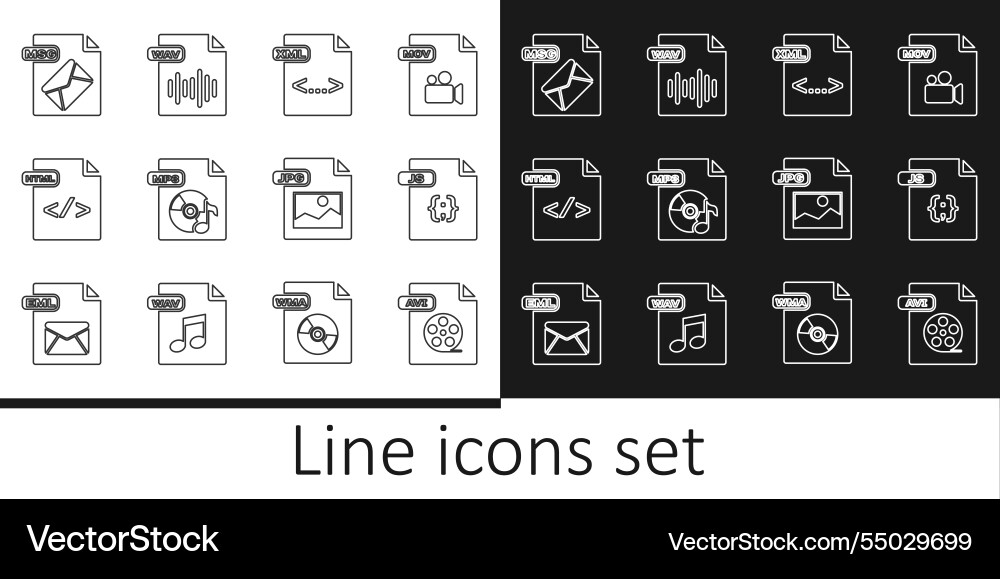 Set line avi file document js xml mp3 html msg Set line avi file document js xml mp3 html msg vector image