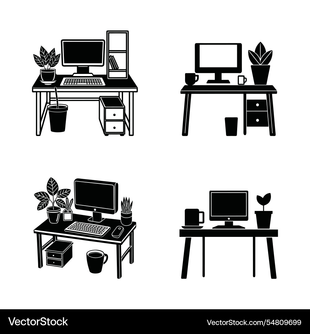 Silhouette of a office desk setup with computer Silhouette of a office desk setup with computer vector image
