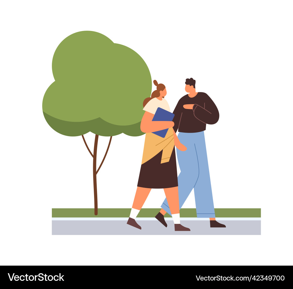 Love couple of students walking in street talking Love couple of students walking in street talking vector image