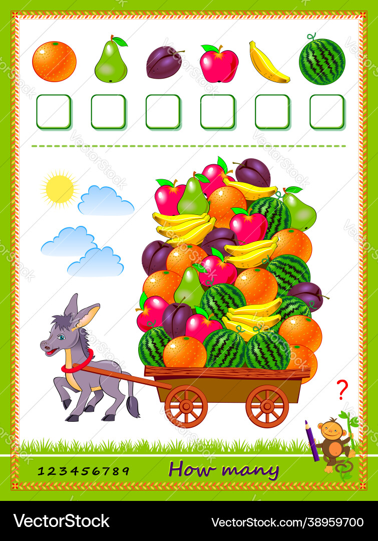 Math education for children how many fruits Math education for children how many fruits vector image