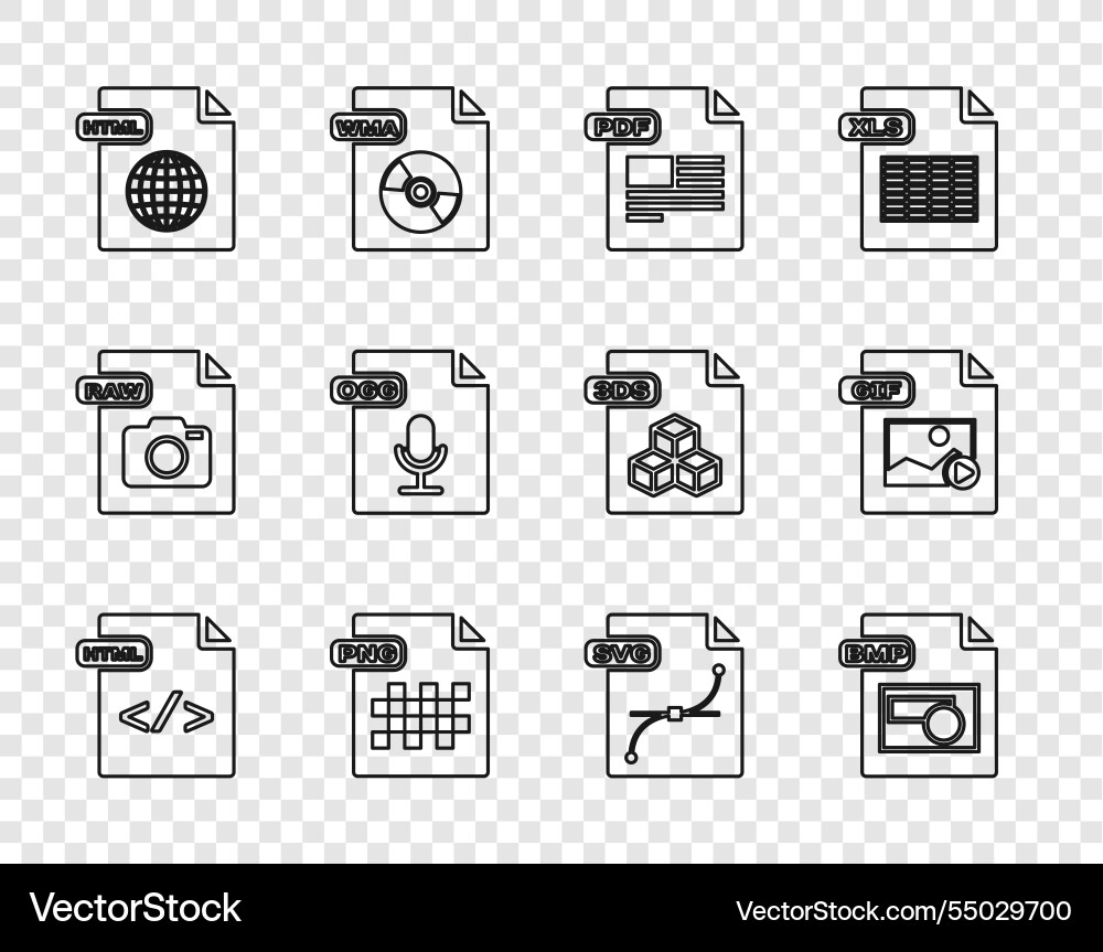 Set line html file document bmp pdf png ogg svg Set line html file document bmp pdf png ogg svg vector image
