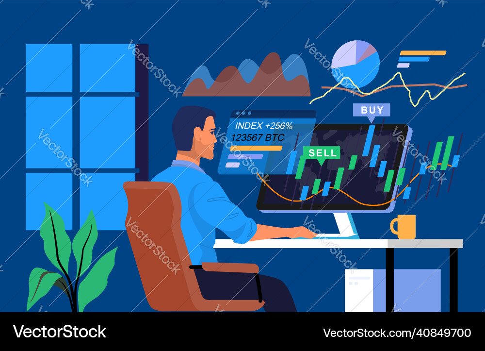 Stock-Trader arbeitet an Computer mit Graphen Stock-Trader arbeitet an Computer mit Graphen vektorbild
