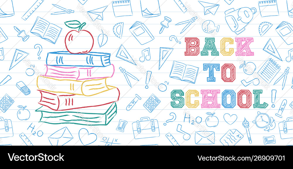 Back to school color books and apple doodle card Back to school color books and apple doodle card Vector Image