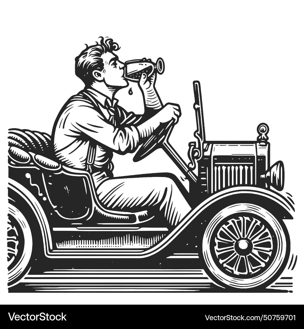 Man drinking while driving engraving Royalty Free Vector