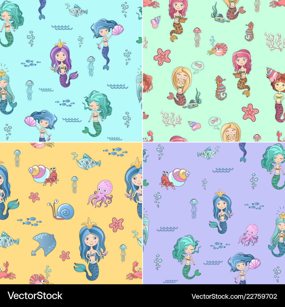 Cute seamless patterns set with mermaids Vector Image