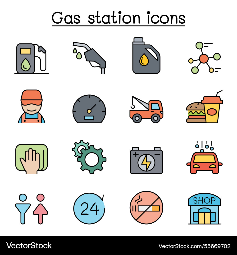 Gas station icon set in color line style Gas station icon set in color line style vector image